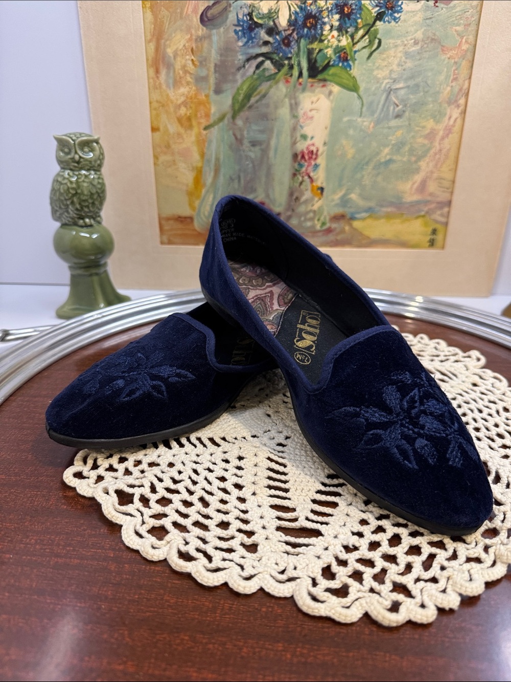 Vintage Soho Navy Blue Velvet Floral Embroidered Loafers Flats Size 7.5M